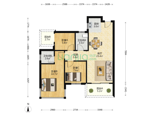 天隆江湾学府 3室1厅2卫 95平方
