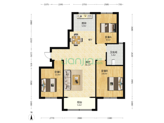 龙泉御园 3室1厅1卫 124平方
