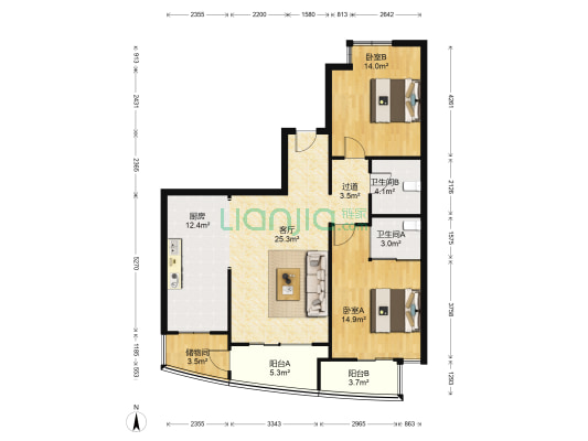 东环广场 2室1厅2卫 114平方