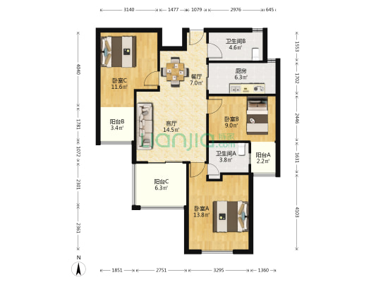 保利叶上海(三期) 3室2厅2卫 85平方