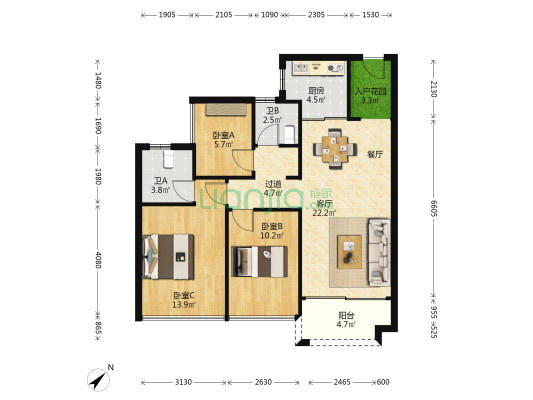 万科海上城市 3室1厅2卫 90平方