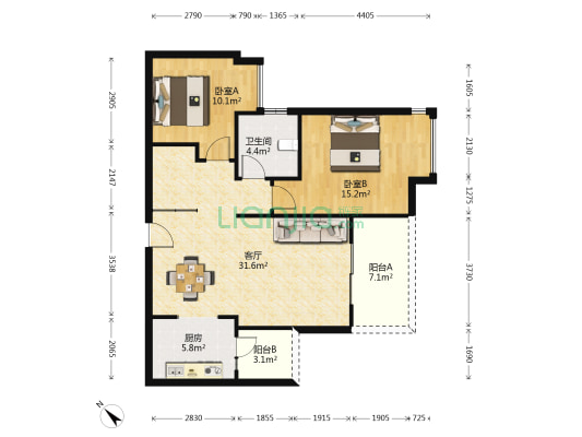 龙湖翠微清波B区 2室1厅1卫 89平方