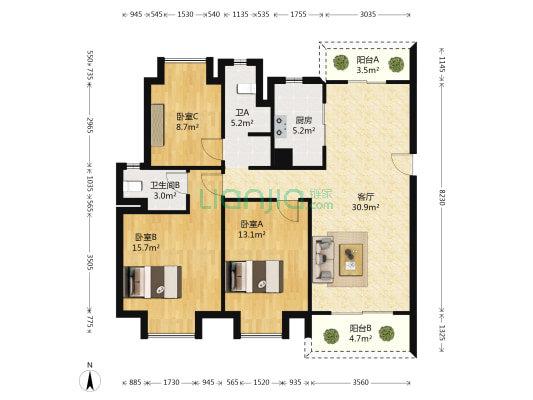 碧桂园领誉 3室1厅2卫 124平方