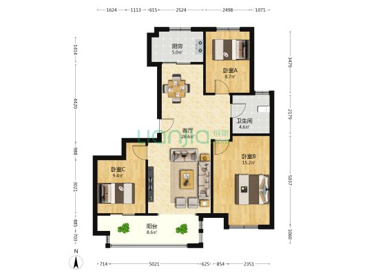 吾悦华府一期 3室1厅1卫 106平方