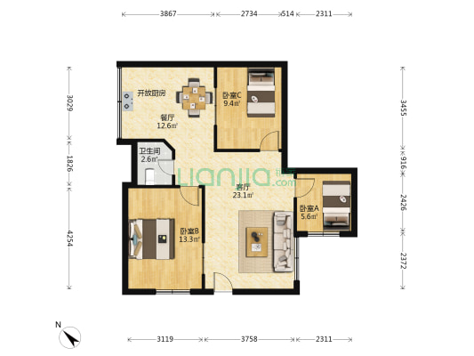 龙福大厦 3室2厅1卫 83平方