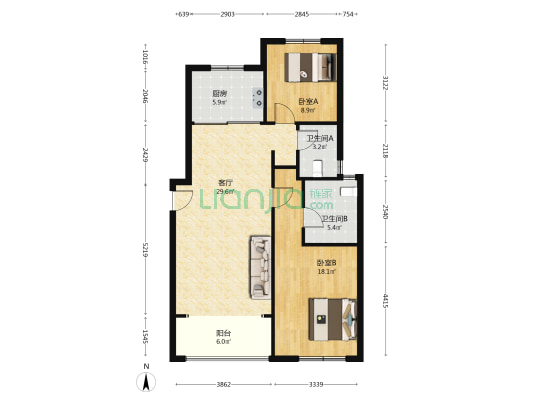 森林公园 2室1厅2卫 103平方