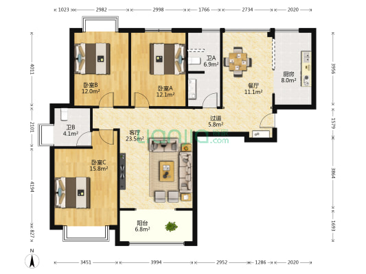 瑞贝卡新天下 3室2厅2卫 135平方