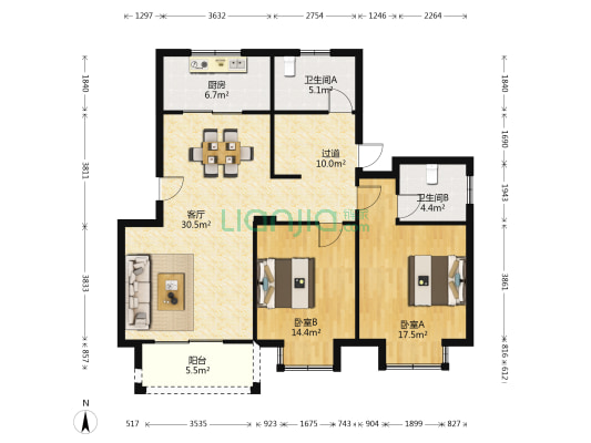 施家园花苑北区 2室1厅2卫 122平方