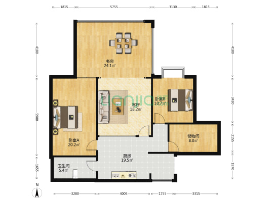 滇池境界 3室1厅1卫 127平方