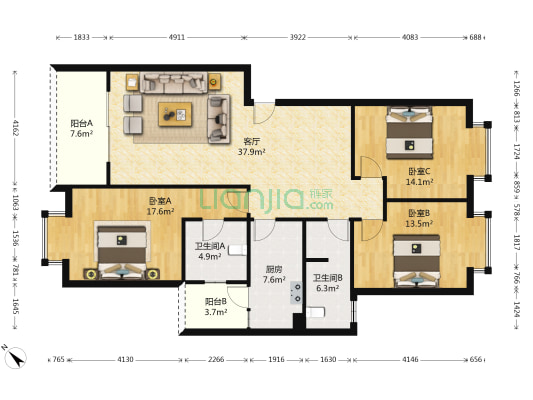 华逸花园(华逸路) 3室1厅2卫 125平方