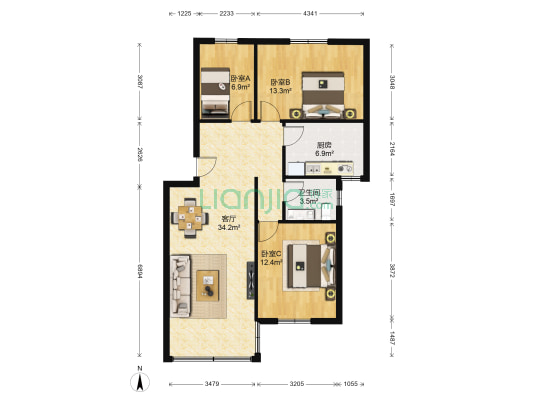 华苑花园 3室1厅1卫 91平方