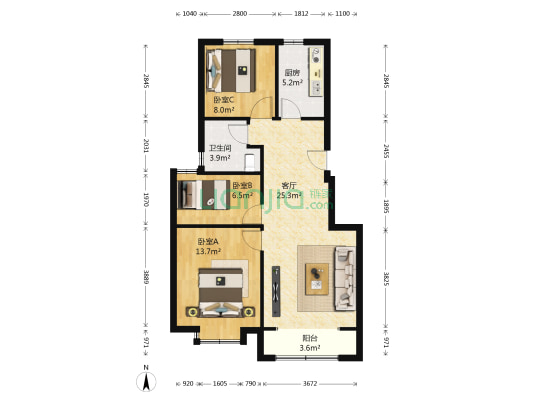 汇尚园 3室1厅1卫 89平方