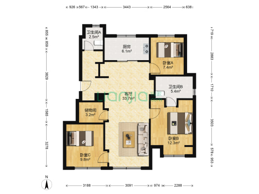 万科翡翠四季C1区 3室1厅2卫 95平方