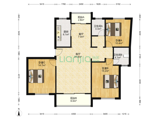 南郊别墅(公寓) 3室2厅2卫 124平方