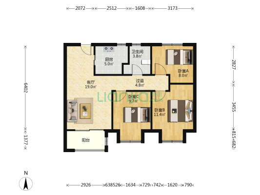 虎北花园 3室1厅1卫 91平方