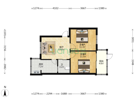 经七路9号院 2室1厅1卫 59平方
