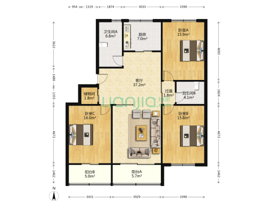 阳光南苑 3室1厅2卫 129平方
