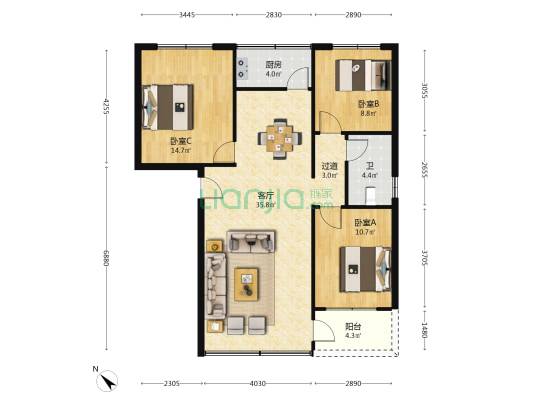 华羚新厦 3室1厅1卫 110平方