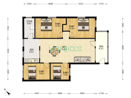 粮出宿舍 4室1厅1卫 105平方