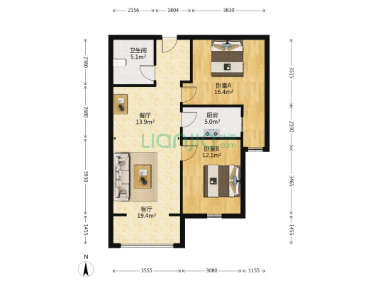 魔方SOHO 2室2厅1卫 100平方