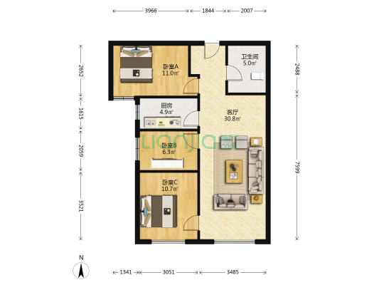 鸿坤高铁新干线，南北双通透C3户型三居室-户型图