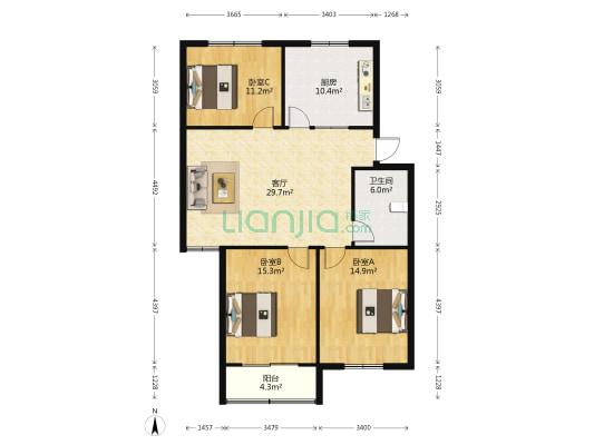 君子亭花园北区 3室1厅1卫 108平方