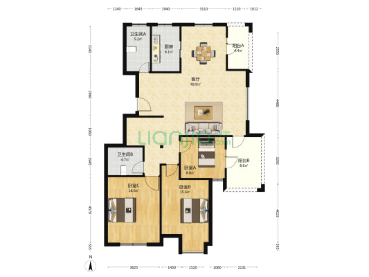 丽景花园西区 3室1厅2卫 144平方