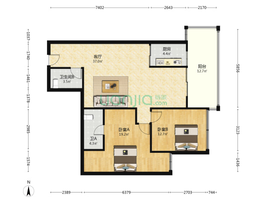 铂蓝地 2室1厅2卫 110平方