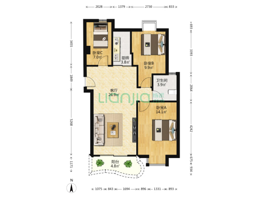 芳草轩 3室1厅1卫 95平方