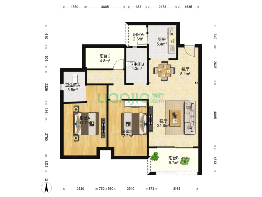 远洋风景 2室2厅2卫 105平方