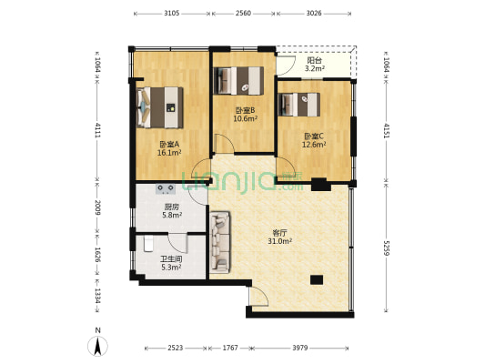 西宁南路 3室1厅1卫 97平方
