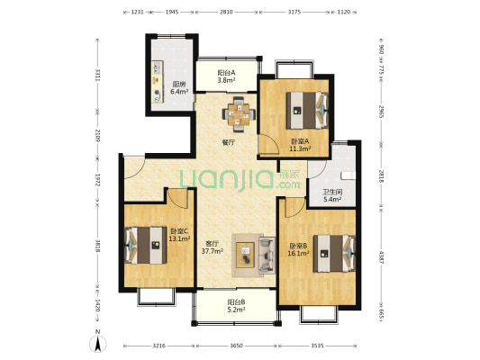 恒大华城天地苑三期 3室1厅1卫 120平方