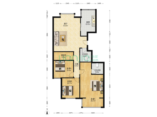 金色家园 3室1厅2卫 140平方