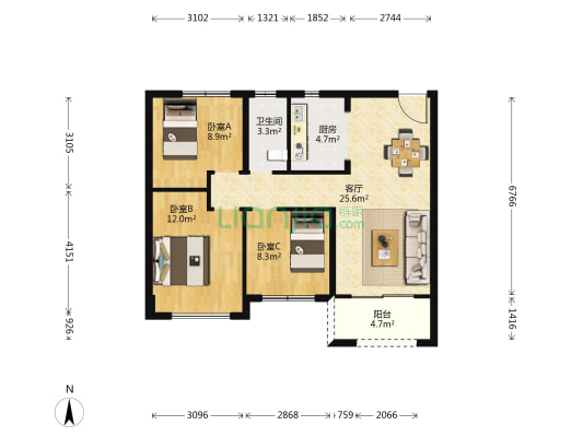龙都悦澜湾 3室1厅1卫 89平方