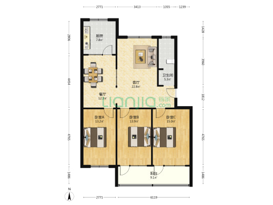 区经贸委宿舍 3室2厅1卫 125平方