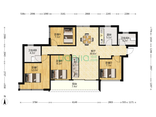 金地天润自在城一期 4室1厅2卫 98平方
