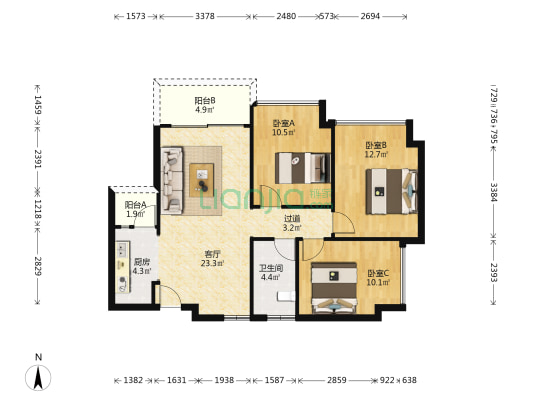 蝴蝶里 3室1厅1卫 93平方