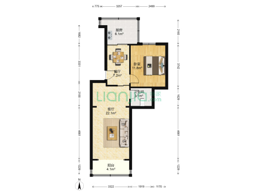 六谷庄1号院 1室2厅1卫 64平方