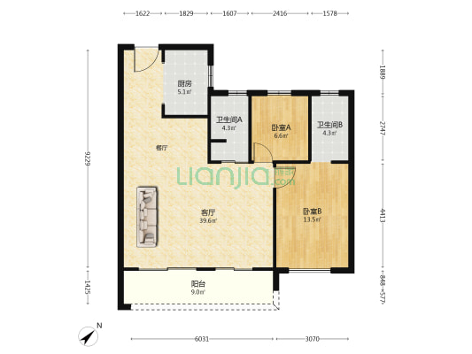中铁诺德央玺春风 2室1厅2卫 110平方