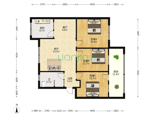 劳动南路1088号 3室2厅1卫 114平方