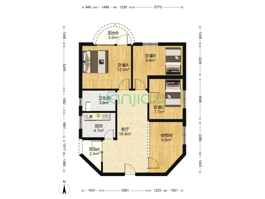 龙富花园(西环路) 3室1厅1卫 86平方
