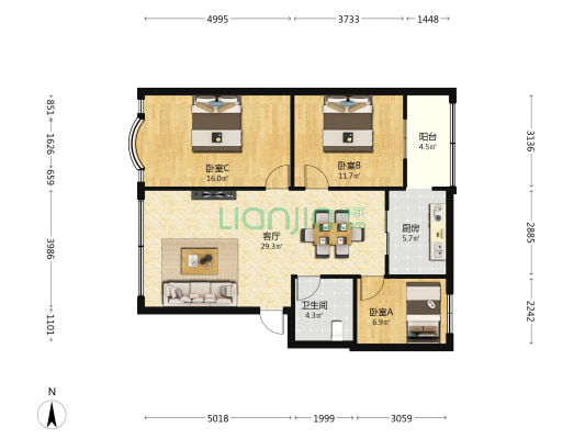 金庐园 3室1厅1卫 94平方