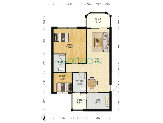 置宏花园一区 2室1厅2卫 97平方