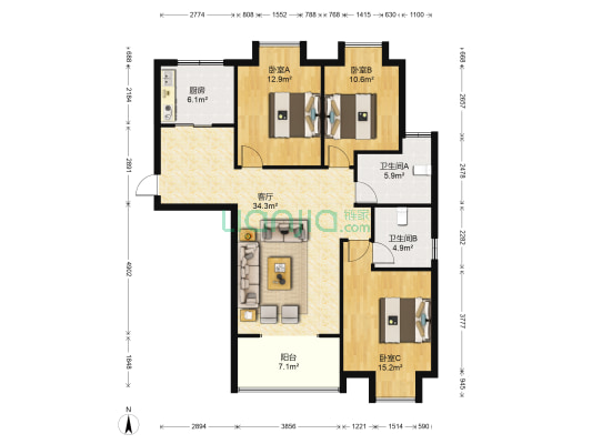 方正名门 3室1厅2卫 127平方