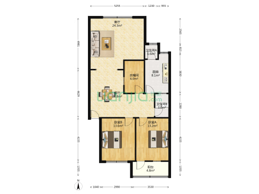 游泳学校家属区 2室2厅2卫 75平方