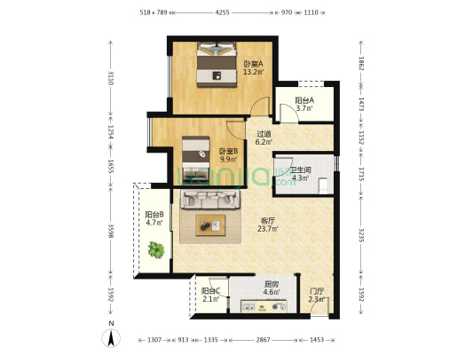 网红小区正规三房，中间楼层生活便利，适合居家。-户型图