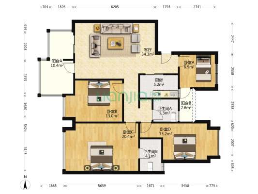 锦绣花城北区 4室1厅2卫 127平方