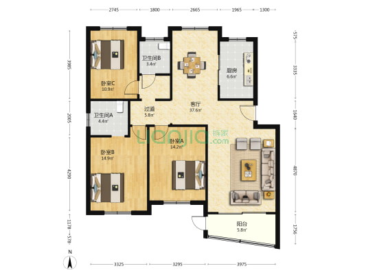 盛典铭园 3室1厅2卫 127平方