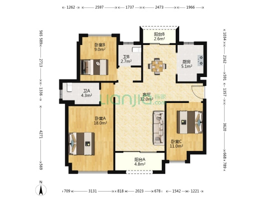 富丰君御 3室1厅2卫 128平方