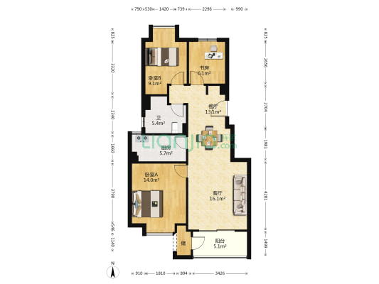 林鹭院 3室2厅1卫 89平方